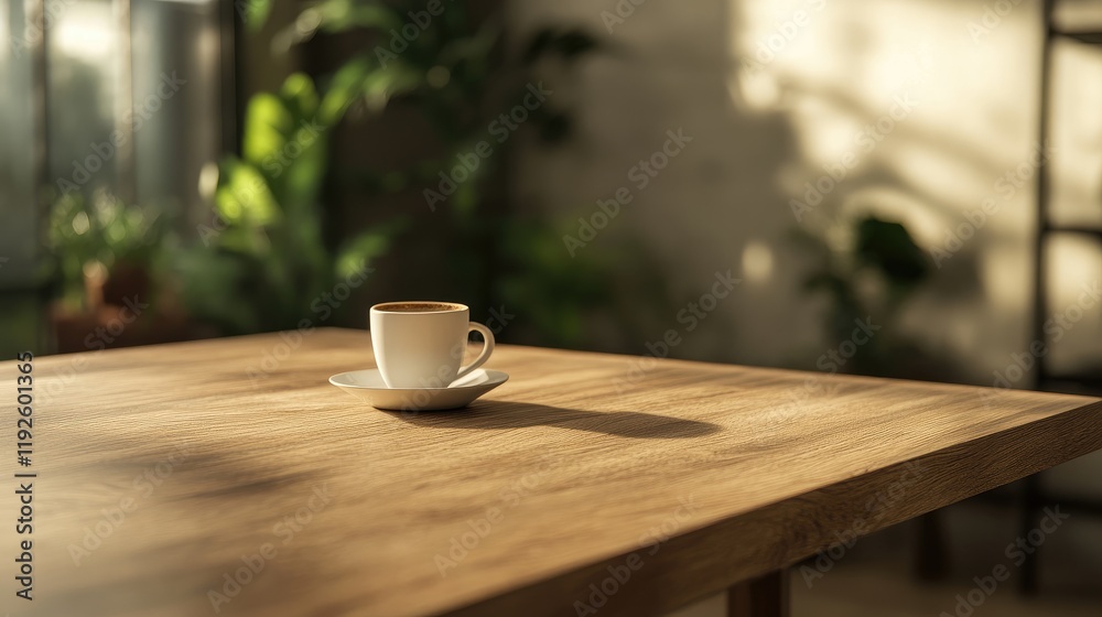 Wooden table with coffee cup mockup in a serene cafe setting with natural light and greenery ambiance Wooden table with coffee cup mockup in a serene cafe setting with natural light and greenery ambiance