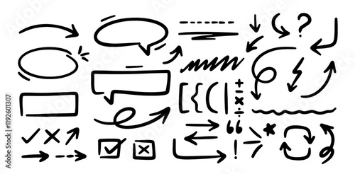 Hand drawn arrows doodles vector. Set of hand drawn arrows scribble doodles, lines, pointers, rectangle, circles, check box, dividers, stars, quotations etc