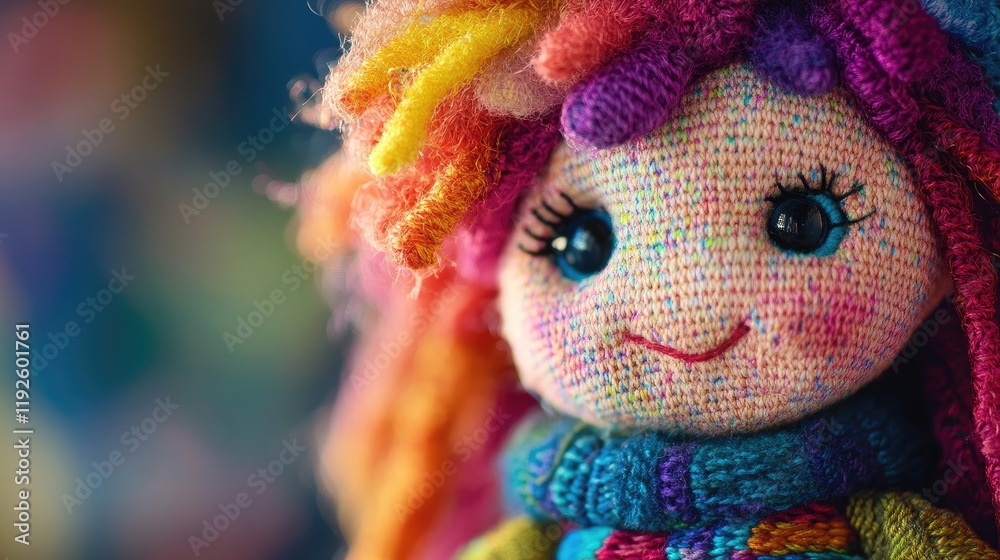 Colorful handcrafted doll with vibrant yarn hair showcasing a joyful expression for DIY crafting and creative projects. Colorful handcrafted doll with vibrant yarn hair showcasing a joyful expression for DIY crafting and creative projects.
