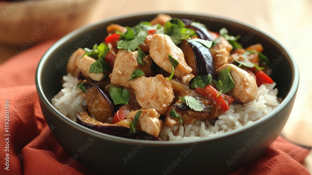 Thai Red Curry Bowl with Chicken and Eggplant Served Over Jasmine Rice Garnished with Fresh Cilantro Thai Red Curry Bowl with Chicken and Eggplant Served Over Jasmine Rice Garnished with Fresh Cilantro