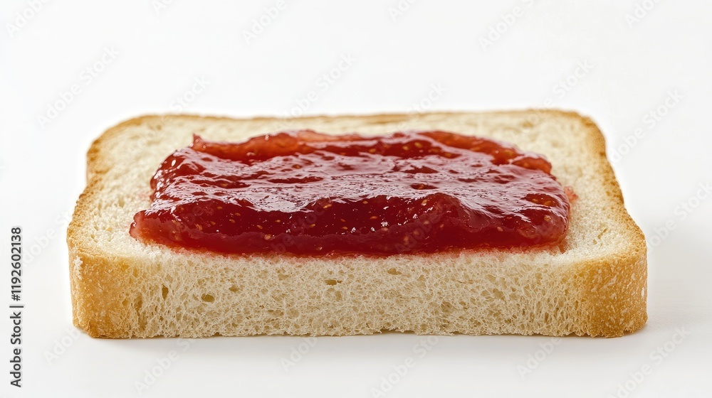Freshly spread strawberry jam on soft white bread slice, presenting a tempting breakfast delight, ideal for culinary and lifestyle visuals.