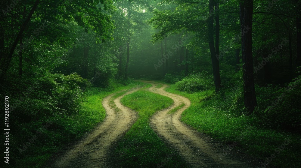 Obraz premium Diverging pathways at a tranquil crossroads in a lush green forest surrounded by dense trees and soft misty light