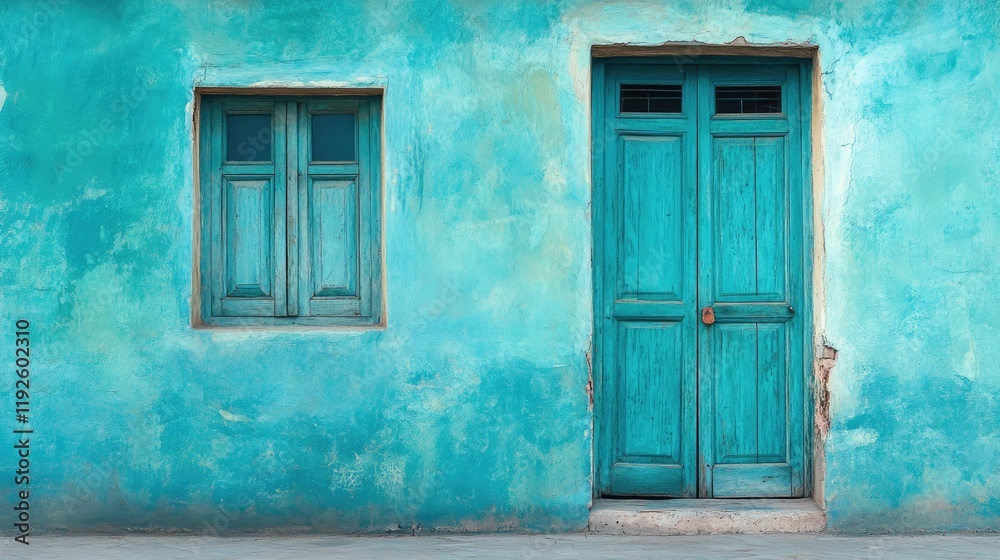Fototapeta premium Vintage blue door and window on textured turquoise wall with rustic charm and architectural detail in a serene setting