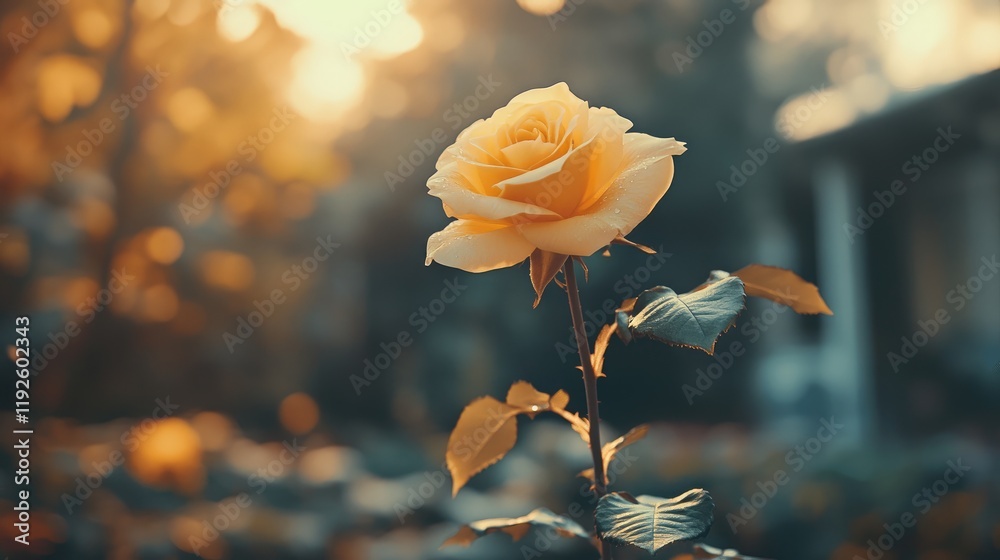 Fototapeta premium Elegant Yellow Rose Blooming in Garden with Warm Sunset Light Symbolizing Friendship and Joyful Moments in Nature's Embrace