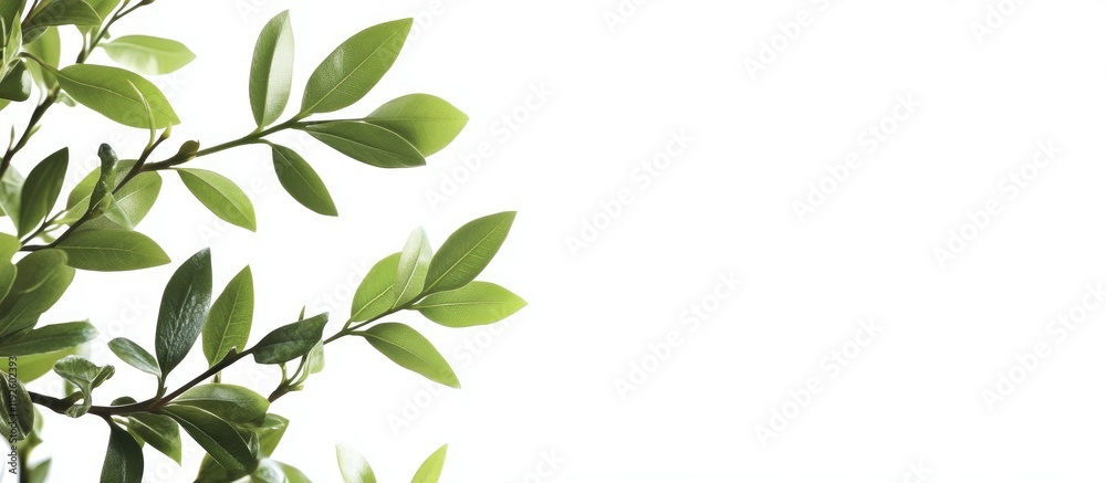 Fresh green leaves on a white poster corner creating negative space for text or graphics suitable for nature themed designs Fresh green leaves on a white poster corner creating negative space for text or graphics suitable for nature themed designs