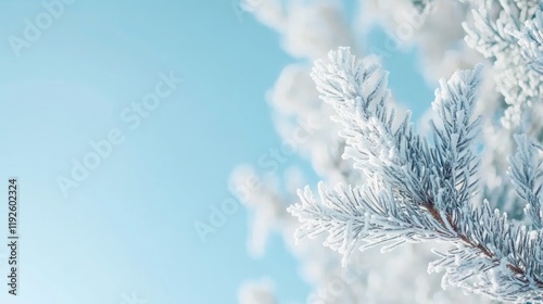 Frosted tree branches in macro detail showcasing snow against a clear blue sky ideal for winter themes and seasonal designs. photo