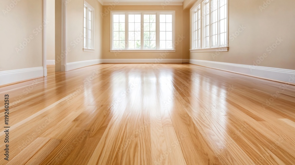 Fototapeta premium Spacious room with polished hardwood floor and large windows allowing natural light.
