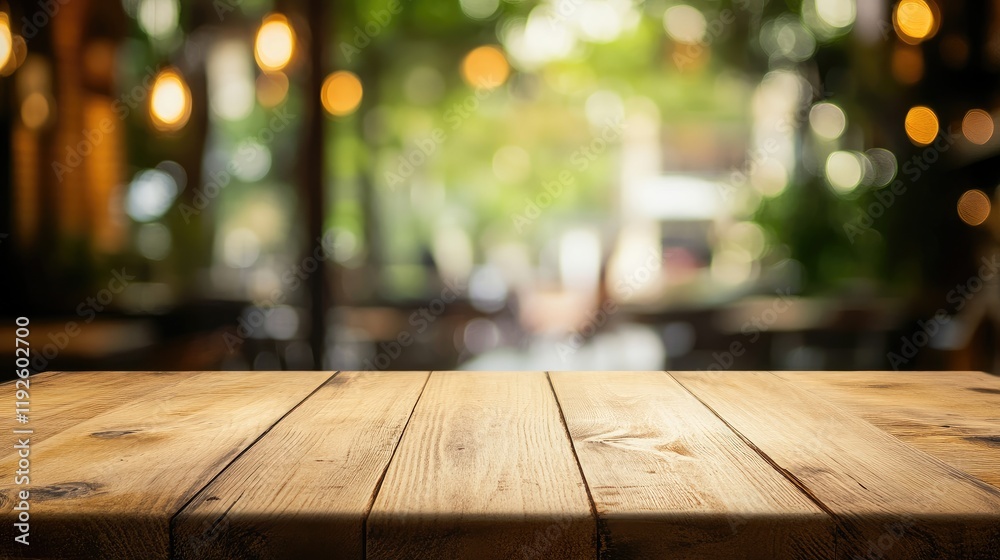 Wooden Tabletop Against Cafe Interior with Soft Bokeh Lights for Cozy Ambiance and Product Display Opportunities Wooden Tabletop Against Cafe Interior with Soft Bokeh Lights for Cozy Ambiance and Product Display Opportunities