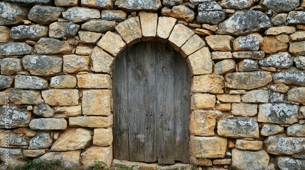 Rustic Stone Wall with Wooden Door Archway Surrounded by Ancient Weathered Stones in Natural Outdoor Setting Rustic Stone Wall with Wooden Door Archway Surrounded by Ancient Weathered Stones in Natural Outdoor Setting