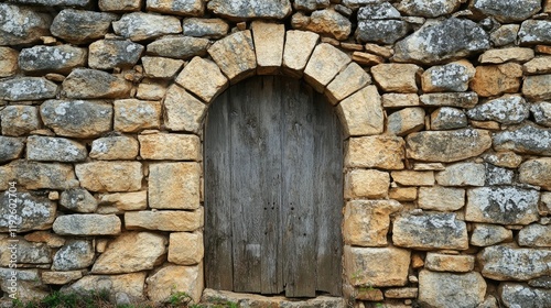 Rustic Stone Wall with Wooden Door Archway Surrounded by Ancient Weathered Stones in Natural Outdoor Setting