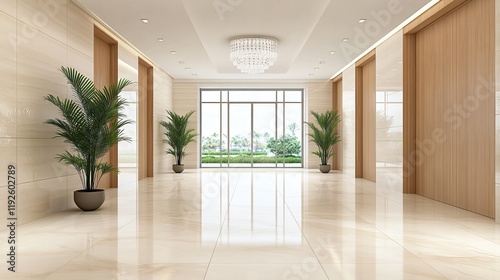 Modern hallway featuring elegant decor, large windows, and indoor plants.