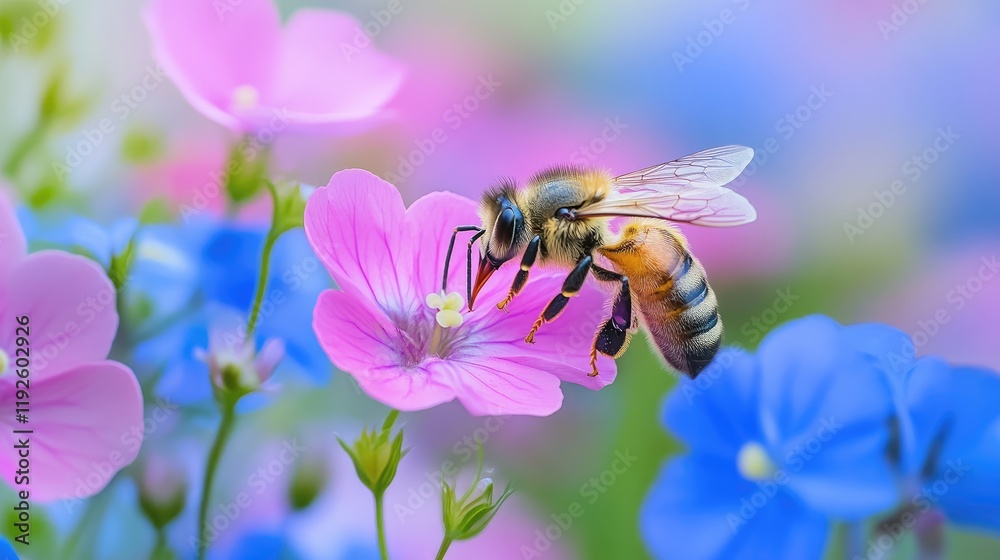 Bee pollinating vibrant pink and blue flowers in soft focus showcasing the delicate beauty of nature and the importance of pollinators. Bee pollinating vibrant pink and blue flowers in soft focus showcasing the delicate beauty of nature and the importance of pollinators.