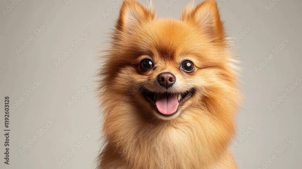 Portrait of a cheerful Pomeranian dog with a fluffy coat against a neutral studio background showcasing its playful personality. Portrait of a cheerful Pomeranian dog with a fluffy coat against a neutral studio background showcasing its playful personality.