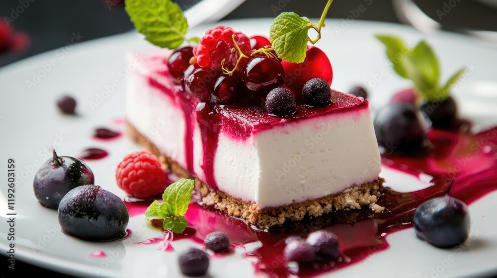 Exquisite dessert featuring creamy layers with vibrant grape and berry toppings elegantly arranged on a classic white plate Exquisite dessert featuring creamy layers with vibrant grape and berry toppings elegantly arranged on a classic white plate