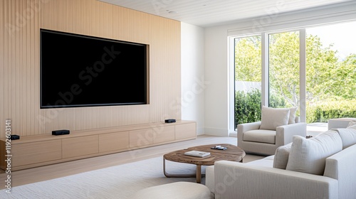 Modern living room with a large TV, minimalist furniture, and abundant natural light from large windows.