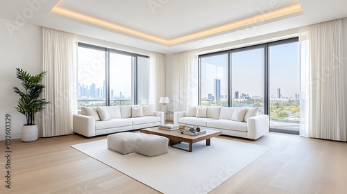 Modern living room with large windows, cozy furniture, and stylish decor, offering a bright and airy atmosphere.