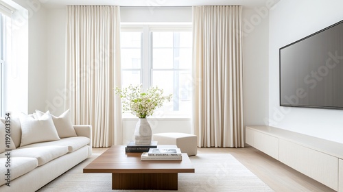 Bright, modern living room with a sofa, coffee table, large windows, and light curtains.