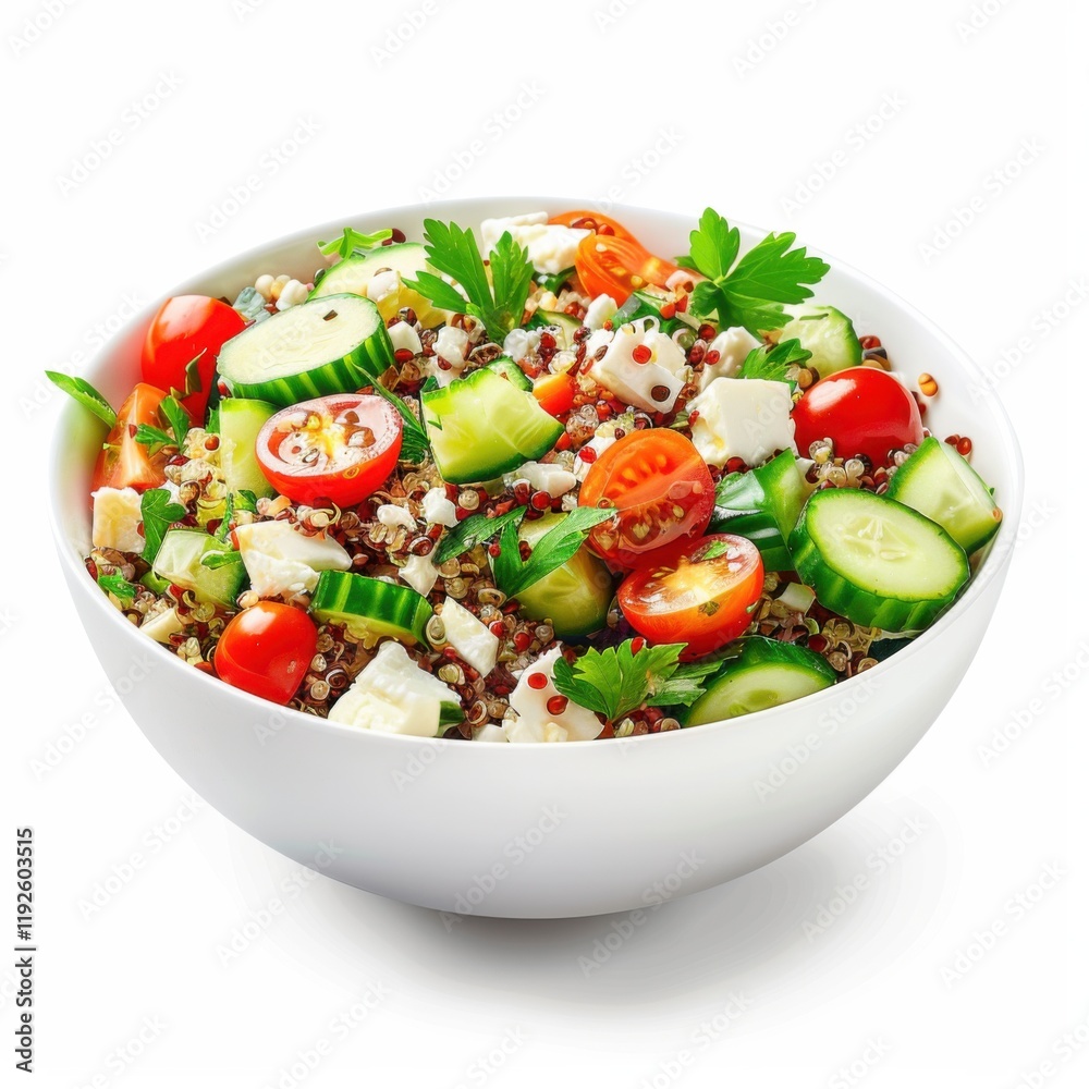 A bowl of colorful Mediterranean quinoa salad with cherry tomatoes, cucumbers, and feta cheese A bowl of colorful Mediterranean quinoa salad with cherry tomatoes, cucumbers, and feta cheese