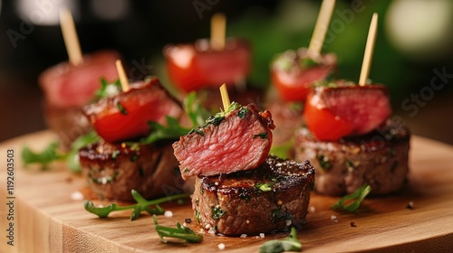 Beef CanapÃ©s Garnished with Cherry Tomatoes and Fresh Herbs on a Wooden Platter photo