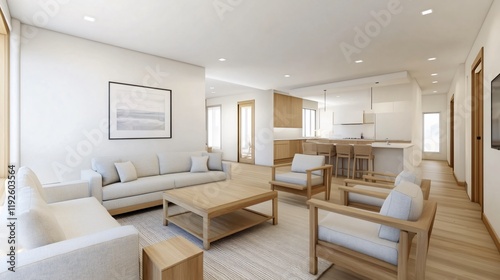 Modern living room featuring light colors, wooden furniture, and an open layout with natural light.