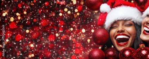 Festive women, Christmas hats, red ornaments, bokeh background, holiday cheer