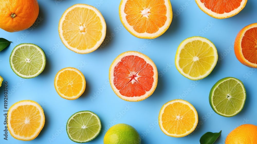 Obraz premium Vibrant Assortment of Fresh Citrus Fruits Displayed on Bright Blue Background