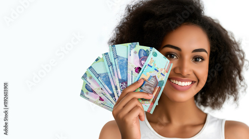 Young black woman holding Uzbekistani som  notes and showing notes to camera over white background with copy space, African lady happy similing, hand holds money cash, Uzbekistan currency	