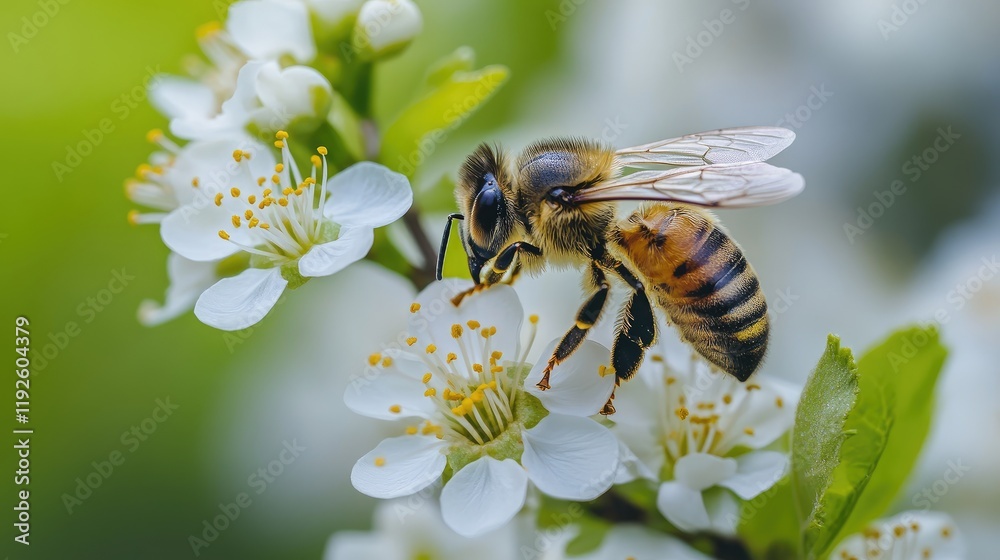 Close up of a bee pollinating white flowers in a natural setting highlighting the importance of bees in the ecosystem. Close up of a bee pollinating white flowers in a natural setting highlighting the importance of bees in the ecosystem.