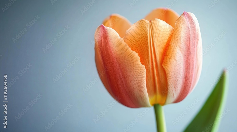 Macro close-up of a delicate orange tulip flower showcasing intricate petals and soft colors against a subtle background Macro close-up of a delicate orange tulip flower showcasing intricate petals and soft colors against a subtle background