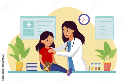 Children's doctor. Diagnostic center. Doctor examines a child. Medical examination of children. Vector illustration on a white background. Flat design