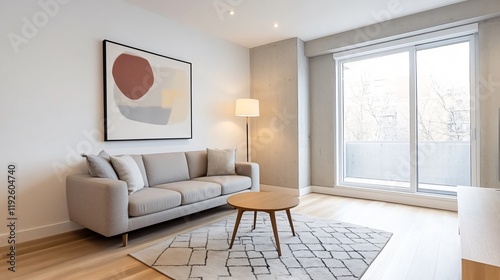 Modern living room featuring a gray sofa, wooden coffee table, and large windows with natural light.