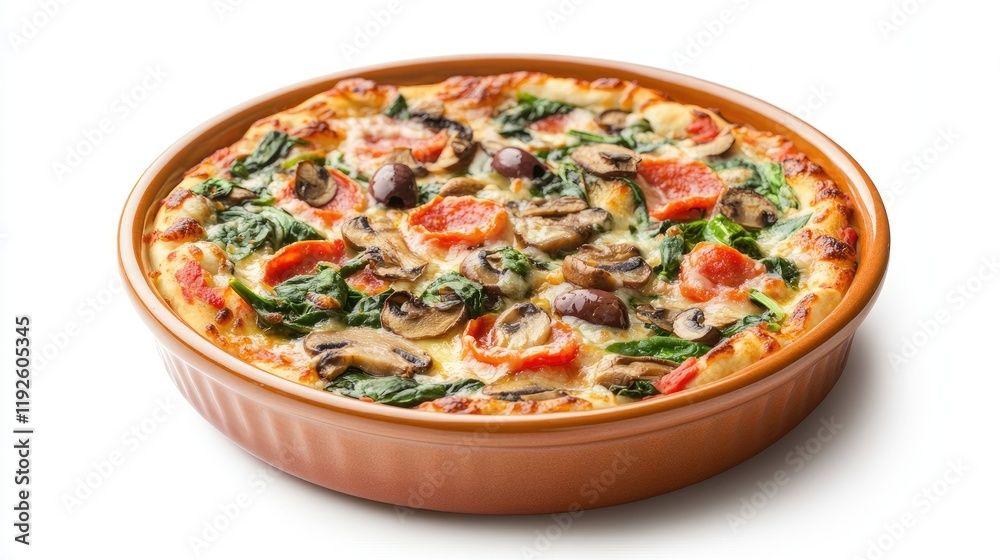Vegetarian pizza featuring mushrooms spinach olives and tomatoes in a deep dish served on a white background for culinary presentations.