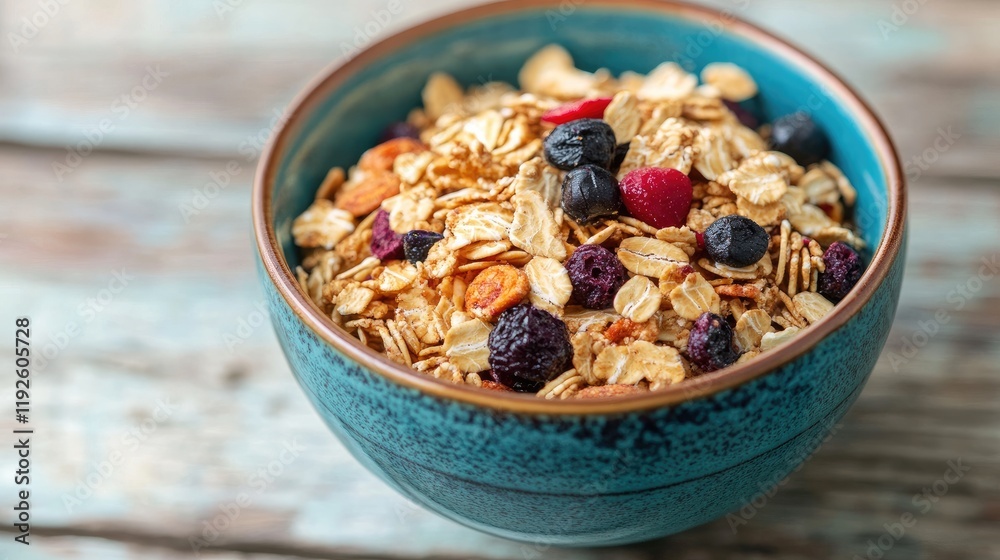 Bowl of colorful cereal with mixed berries on rustic wooden background for healthy breakfast concept
