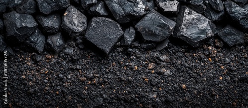 Black coal and iron ore particles background with ample copyspace for text or advertising in a dark industrial setting