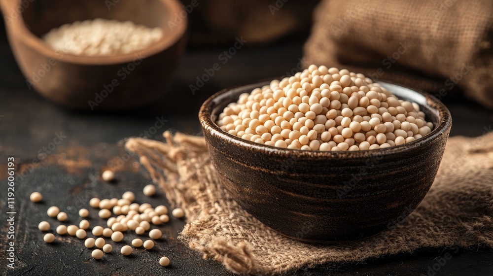 Closeup shot of white beans in a rustic bowl with textured background showcasing natural ingredients and organic farming concept Closeup shot of white beans in a rustic bowl with textured background showcasing natural ingredients and organic farming concept