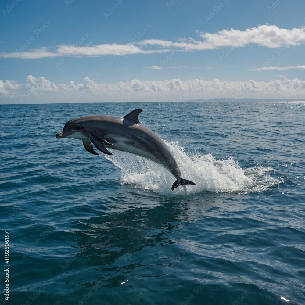 Fototapeta premium Dolphins leaping out of the ocean with the horizon in view.