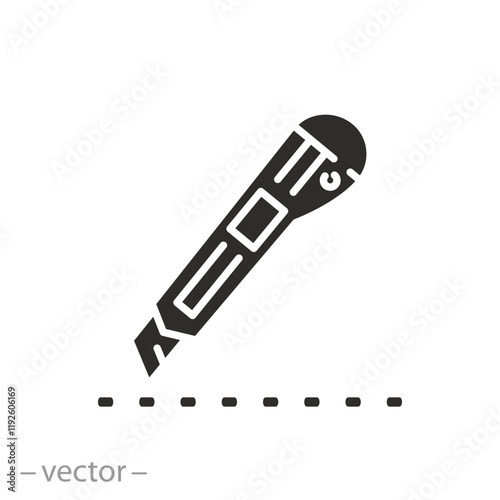 stationery knife, line cut here icon, cutter for opening packaging, flat vector illustration