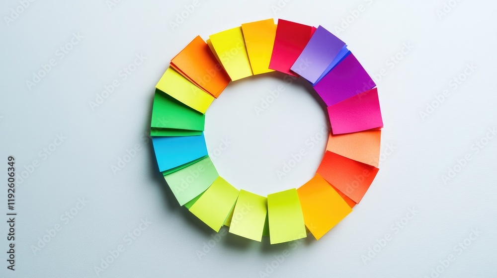 Fototapeta premium Colorful circle of sticky notes on a light background representing brainstorming creative planning and diversity in ideas and collaboration