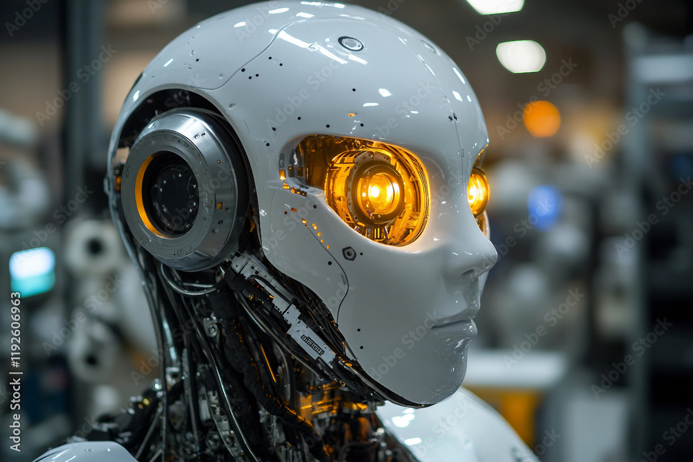 Fototapeta premium Modern automated robots on factory setting AI generative