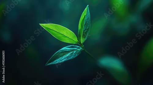 Close up of young green sprout with vibrant leaves against a blurred dark bokeh background showcasing nature's renewal and growth. photo