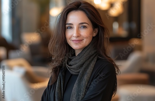 A professional portrait of an Emirati woman in her late thirties, wearing a black abaya and scarf with a blurred background office interior. Free Download A professional portrait of an Emirati woman in her late thirties, wearing a black abaya and scarf with a blurred background office interior. - GFXLoad