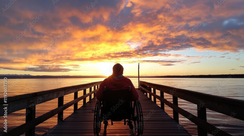 Fototapeta premium A person in a wheelchair parked on a wooden pier, gazing at the sunset over the calm ocean waves, a peaceful moment of reflection