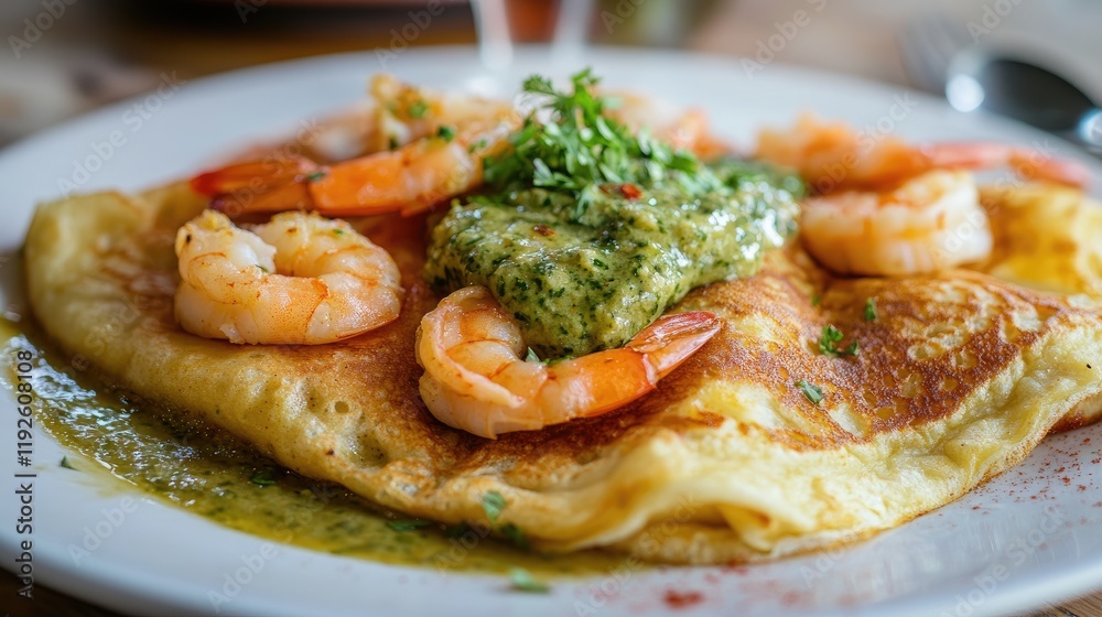 Seafood crepes topped with shrimp and vibrant green sauce garnished with herbs on a white plate showcasing gourmet cuisine. Seafood crepes topped with shrimp and vibrant green sauce garnished with herbs on a white plate showcasing gourmet cuisine.