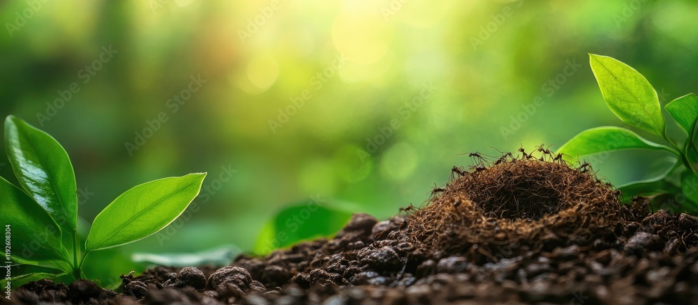 Close up of ant nest on forest floor surrounded by greenery with natural light creating a peaceful atmosphere for text placement Close up of ant nest on forest floor surrounded by greenery with natural light creating a peaceful atmosphere for text placement