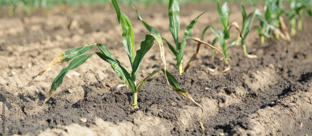 Cornfield Damage from Mildew with Clear Soil Rows and Space for Text Overlay Cornfield Damage from Mildew with Clear Soil Rows and Space for Text Overlay