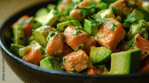 Wallpaper Mural Fresh salmon and avocado salad featuring vibrant greens and perfectly grilled flaky fish in a sleek black bowl Torontodigital.ca