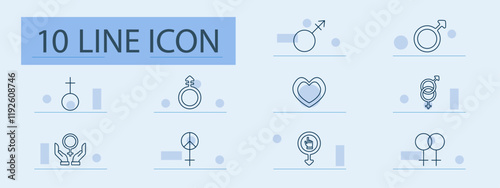 Gender and equality set icon. Male, female, intersex, love, peace, hands, equality, empowerment, symbols, inclusion