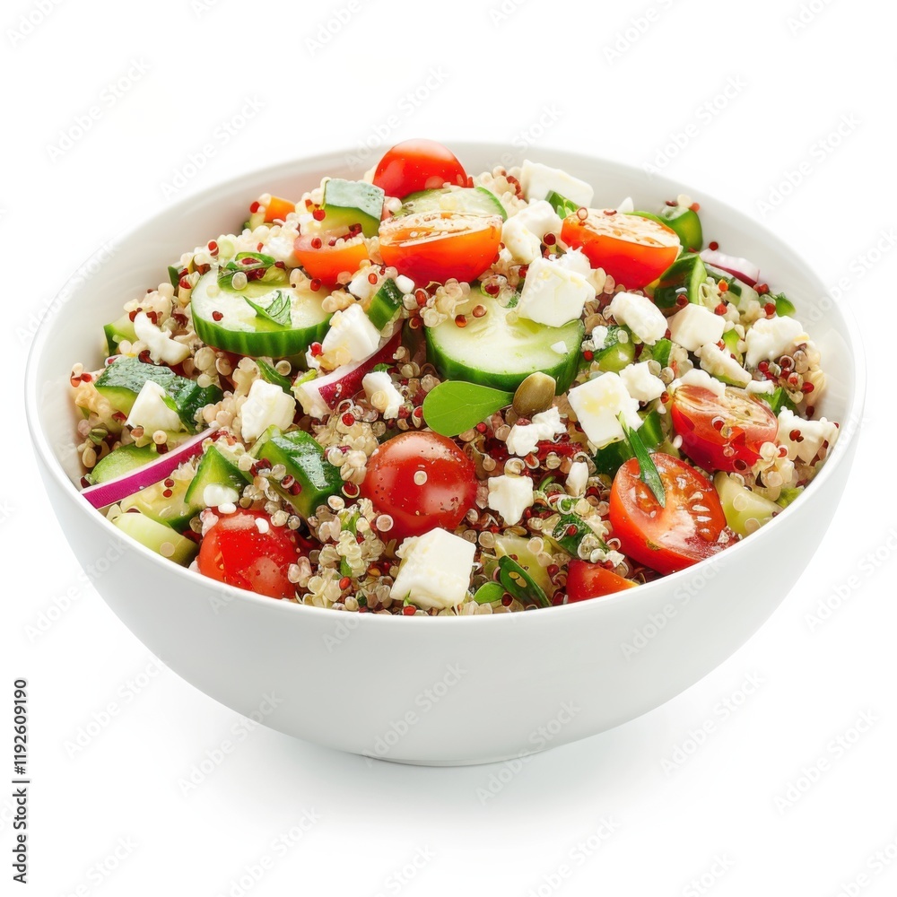 A bowl of colorful Mediterranean quinoa salad with cherry tomatoes, cucumbers, and feta cheese A bowl of colorful Mediterranean quinoa salad with cherry tomatoes, cucumbers, and feta cheese