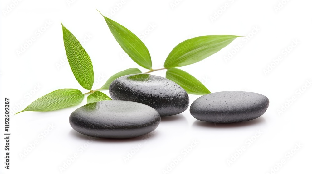 Bamboo leaves and smooth zen stones arranged harmoniously on a clean white background for a serene and calming aesthetic Bamboo leaves and smooth zen stones arranged harmoniously on a clean white background for a serene and calming aesthetic