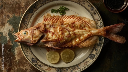 Bombay Duck beautifully presented on a vintage plate garnished with lime and herbs for an appetizing culinary experience